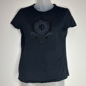 Lauren Ralph Lauren Black Beaded logo front t shirt top 100% Cotton size small